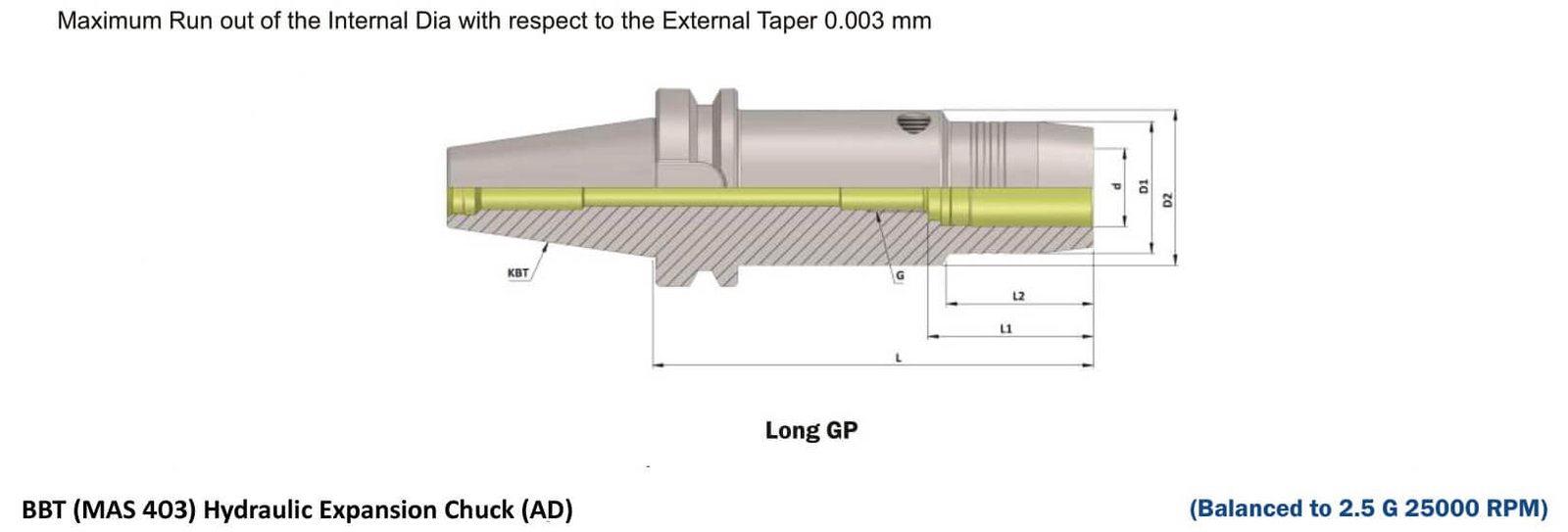 BBT50 HC1/4'' 140 Hydraulic Expansion Chuck Balanced to G2.5 25,000 RPM (MAS403)