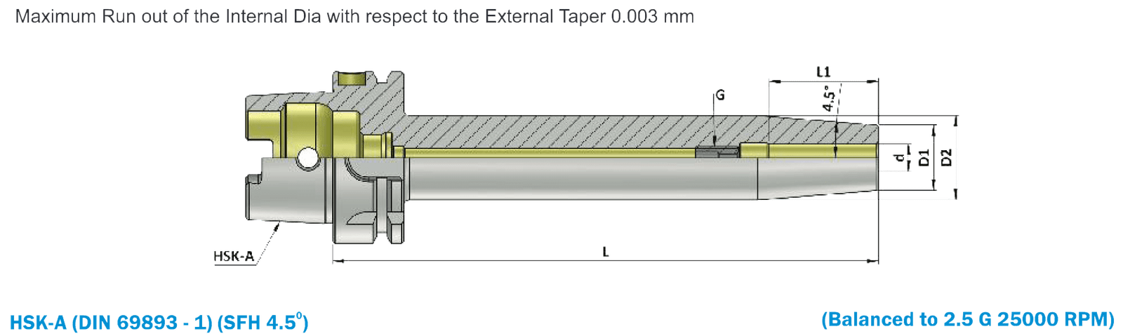HSK-A 100 SFH08 200 Extra Long Length Shrink Fit Holder  Balanced to 2.5G 25,000 RPM (DIN 69893 -1)