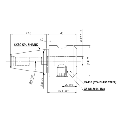 SK30 WN 1/2" 40 (Stainless Steel) Weldon Type Holder (Balanced to G 6.3 15000 rpm) (DIN 6359)